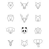 Abstract polygonal heads of an animal's. Geometric linear style. Set. Bear, Bull, Fox, Tiger, Deer, Wolf, Dog, Panda, Lion, Rabbit, Cat and Elephant. Vector illustration