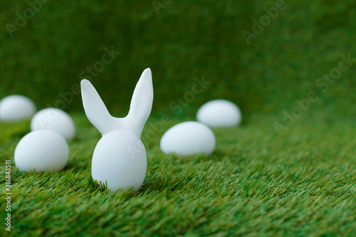 White chicken eggs on green grass, behind which are hidden the ears of the Easter bunny, which are symbols for the celebration of religious holiday among Christians and Catholics