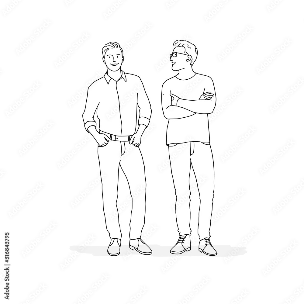 Two People Standing Next To Each Other Line Drawing Vector Illustration Stock Vector Adobe Stock 