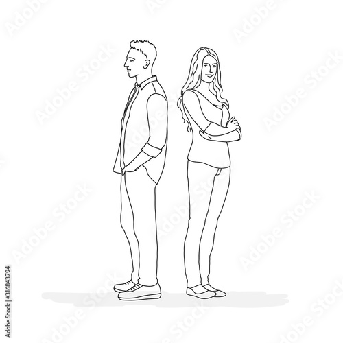Man and woman stand with their backs to each other. Line drawing vector illustration. © Anna