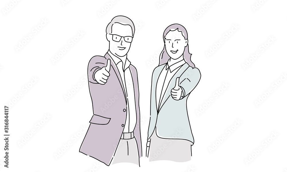 People showing OK or approval sign with thumb up. Hand drawn vector illustration.