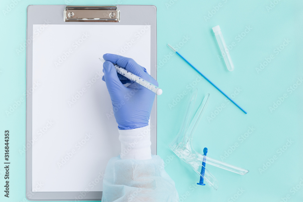 Flat lay annual well woman exam, cervix cancer control. Gynecological