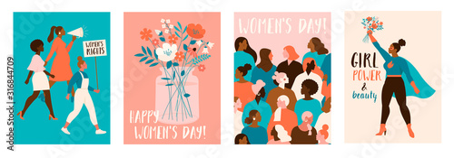Collection of greeting card or postcard templates with flower bouquet in vase  floral wreath  feminism activists and Happy Womens Day wish. Modern festive vector illustration for 8 March celebration.