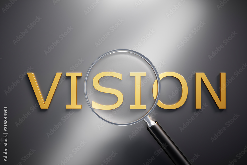 Magnifying Glass on golden Text Vision with grey Background - 3D illustration Magnifying Glass on golden Text Vision with grey Background - 3D illustration
