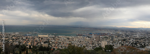 Panoramic view of the city of Haifa, Israel. The downtown area and the port of Haifa.