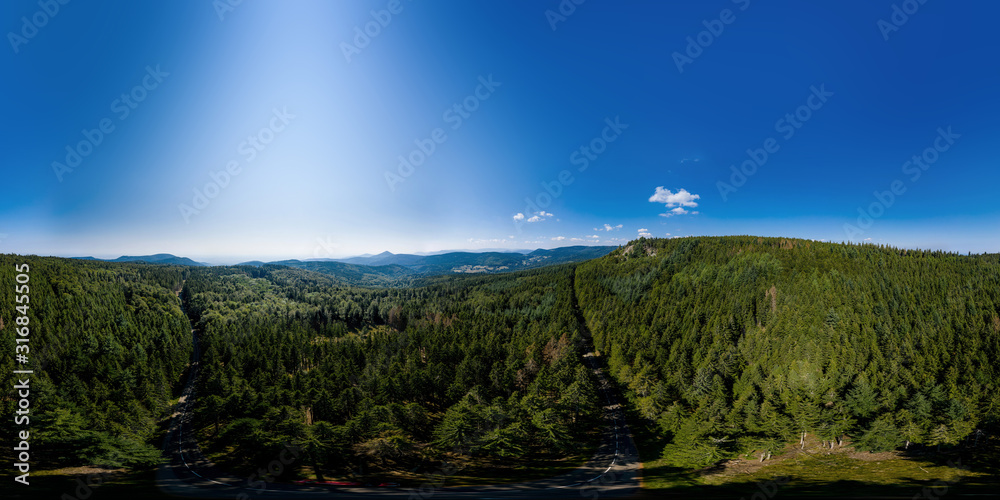 Aerial drone 360-degree panoramic view of Vosges mountains. Alsace, France.