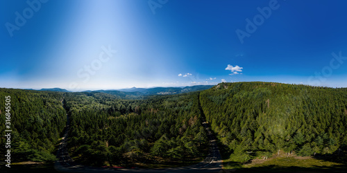 Aerial drone 360-degree panoramic view of Vosges mountains. Alsace  France.
