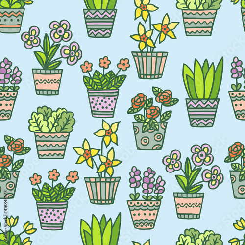 Seamless pattern with hand-drawn multicolored potted flowers on a blue background
