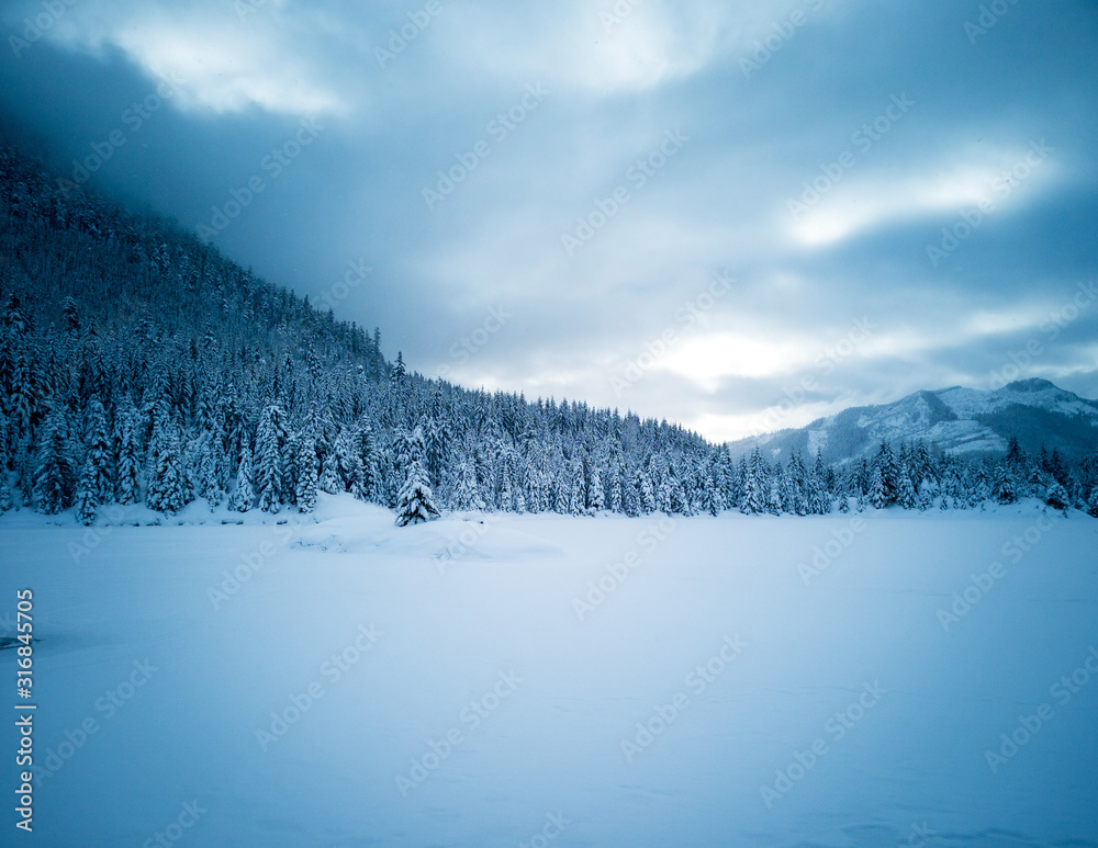 Obraz premium Snow covered frozen beautiful Gold Creek Pond with snow covered trees and trail during the winter in the Alpine Lakes Wilderness in Kittitas county Washington State