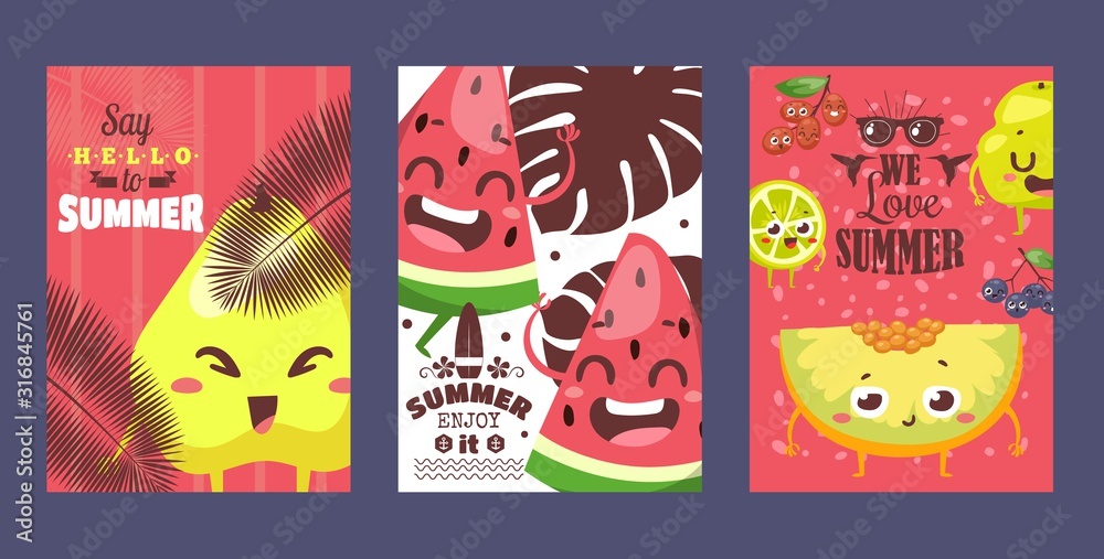Summer fruits on typographic banners, vector illustration. Funny cartoon characters with smiling faces. Summer sale campaign advertisement, fruity flavor dessert collection. Watermelon, melon and pear