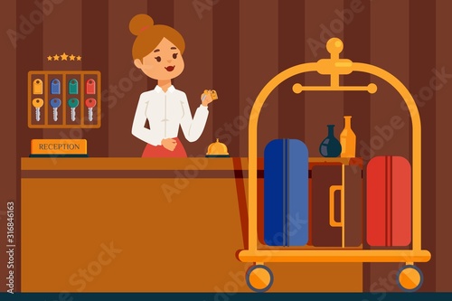 Hotel reception desk, vector illustration. Professional woman receptionist in hotel lobby, flat style cartoon character. Friendly administrator in uniform holding room key. Luxury customer service