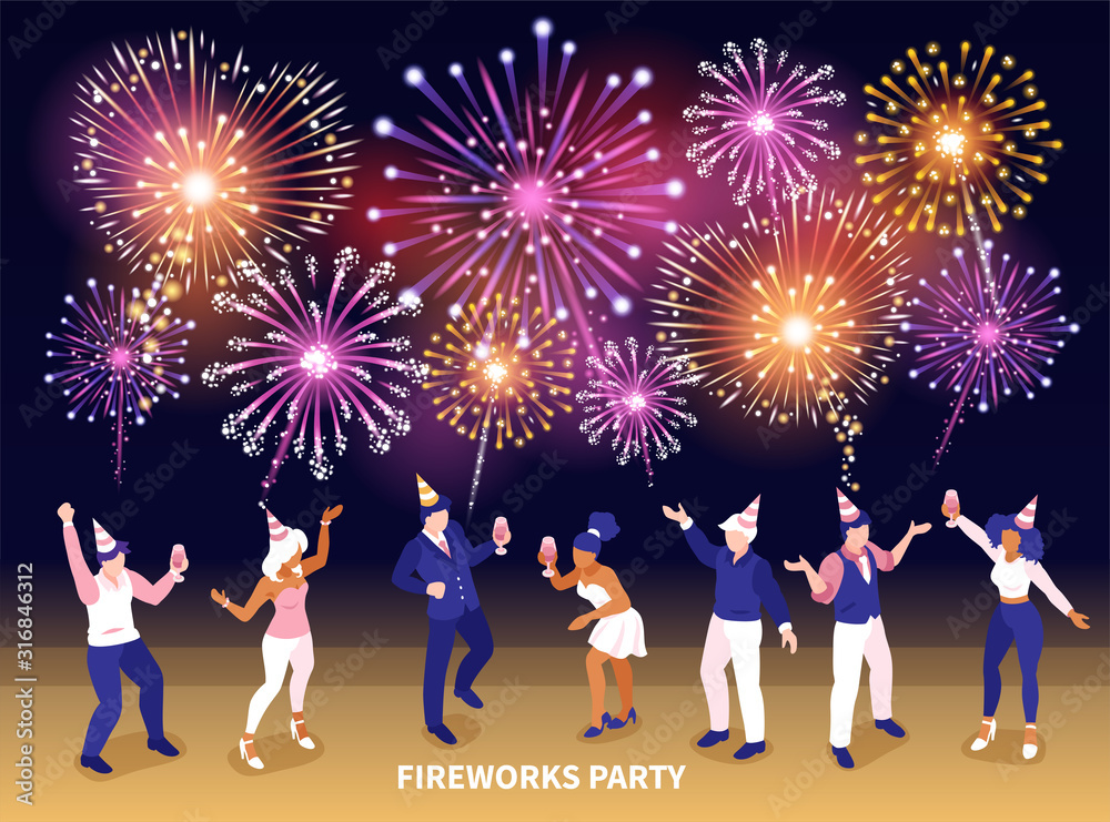 Fireworks Party Isometric Composition