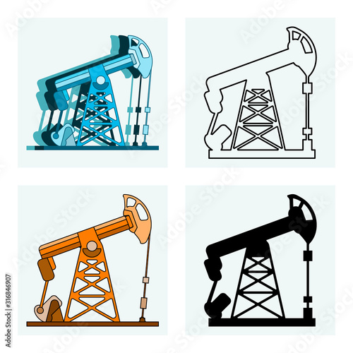 Set of four abstract  silhouette and line art heavy industry icons featuring  oil pump jacks,  crude oil and gas industry infrastructure, industrial equipment. 
