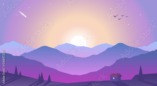 Vector landscape, sunset scene in nature with mountains and forest, silhouettes of trees and hills in the evening. Polygonal landscape illustration. Flat design © Yurii