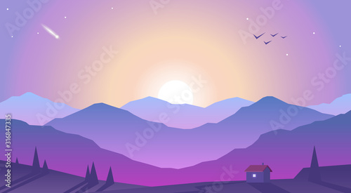 Vector landscape, sunset scene in nature with mountains and forest, silhouettes of trees and hills in the evening. Polygonal landscape illustration. Flat design