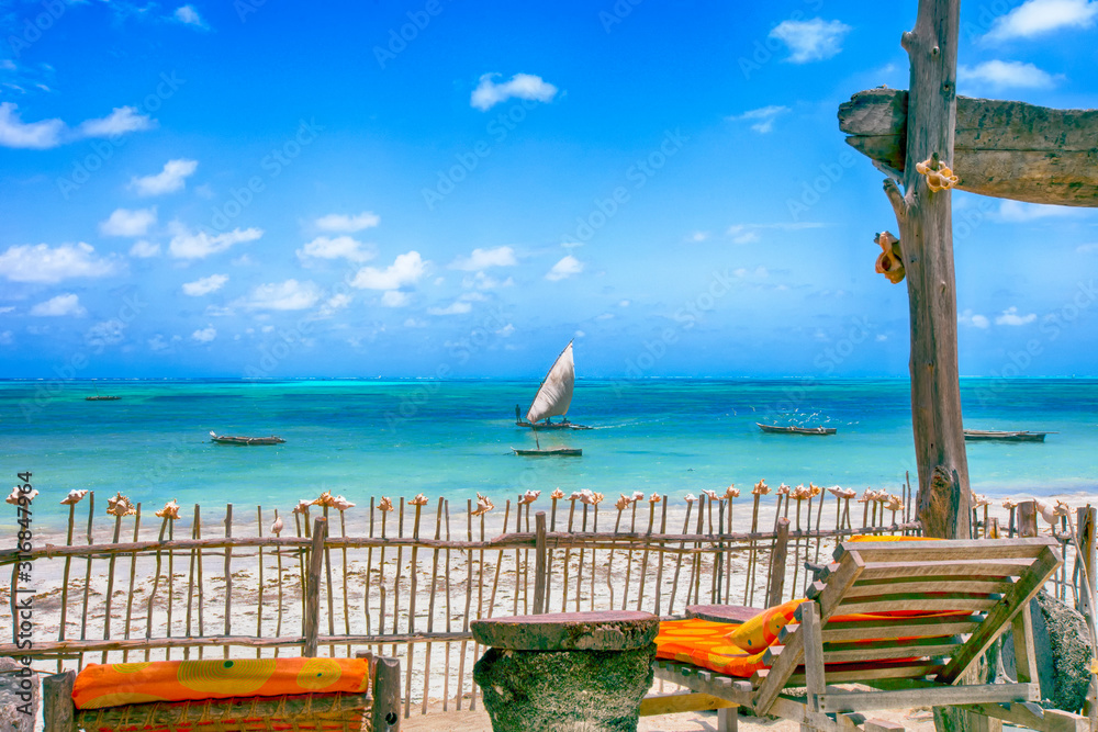 Jambiani beach on the island of Zanzibar in Tanzania. - obrazy, fototapety, plakaty 