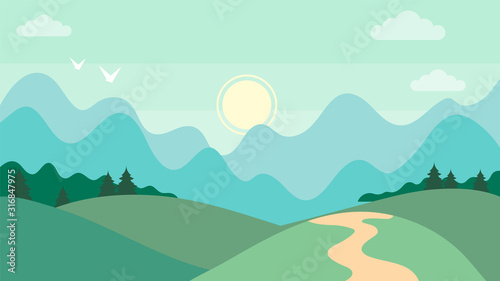 Cute cartoon horizontal mountain landscape. Beatiful nature concept. Flat Style. Vector Illustration