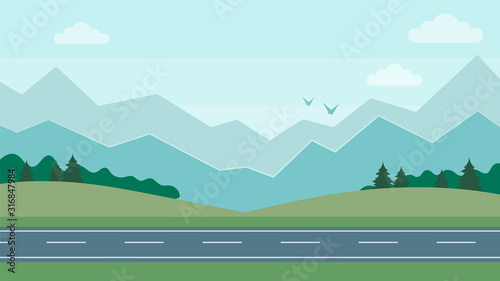 Cute cartoon horizontal mountain landscape With the Road. Beatiful nature concept. Flat Style. Vector Illustration