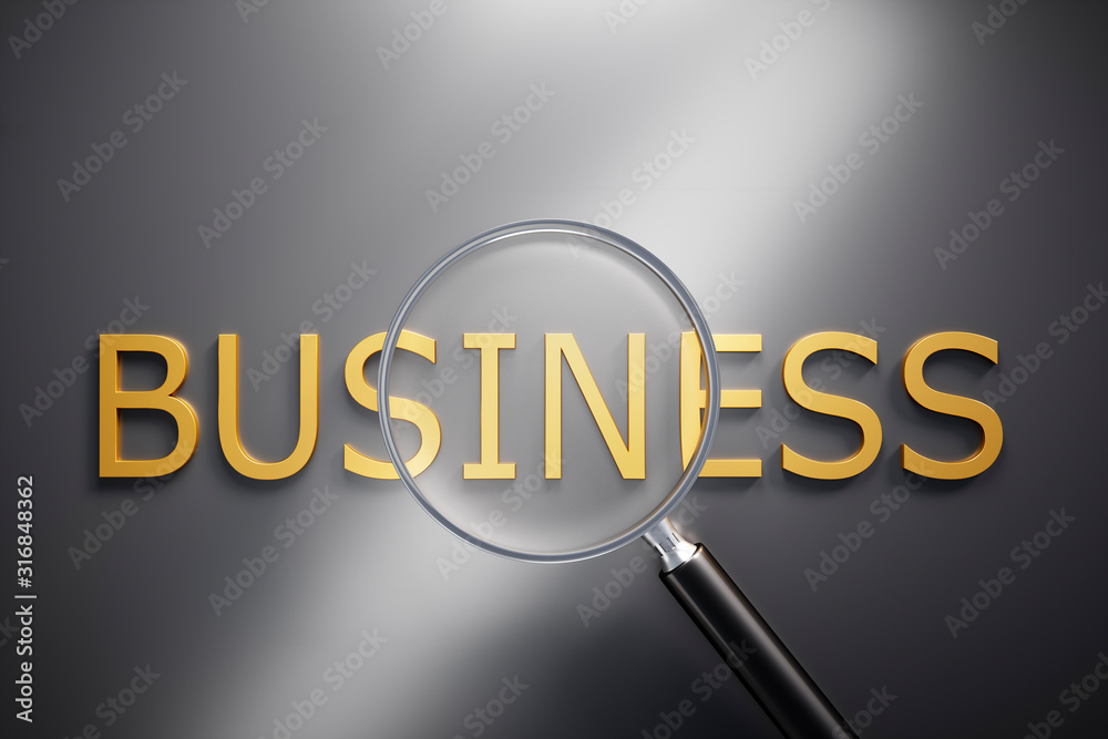 Magnifying Glass on golden Text Business with grey Background - 3D illustration Magnifying Glass on golden Text Business with grey Background - 3D illustration