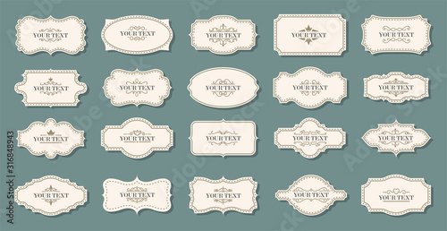Vintage labels, frames. Old frames. Classic frames, vintage badges. Royal signs and ghostly. Set of beautiful decorative decorating frames and labels. Vector