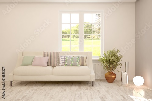 Stylish room in white color with sofa and summer landscape in window. Scandinavian interior design. 3D illustration