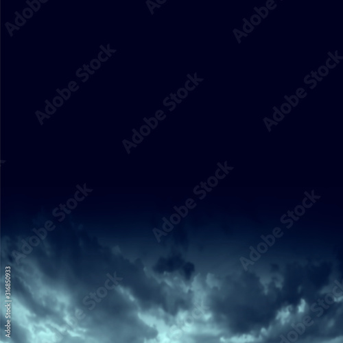 Dark blue night sky with clouds background. Realistic Vector Wallpaper.