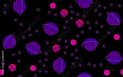 Seamless pattern with space graphic elements on dark background. Decorative galactic backdrop