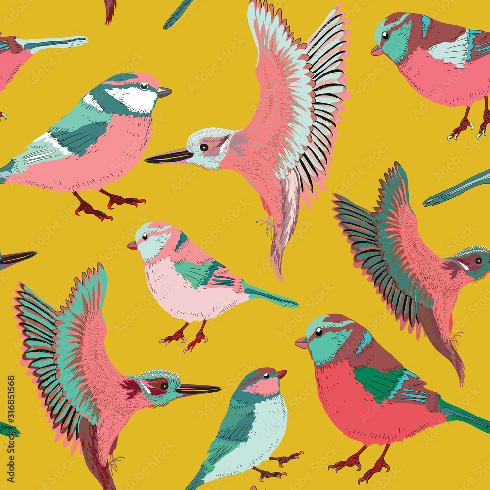 Beautiful birds seamless pattern. Vector illustration on yellow background