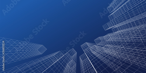 Abstract architectural background. Linear 3D illustration. Vector