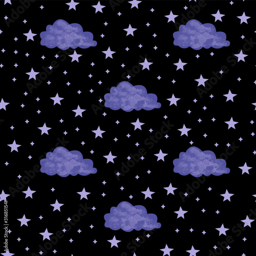 Seamless pattern with space graphic elements on dark background. Decorative starry backdrop with clouds