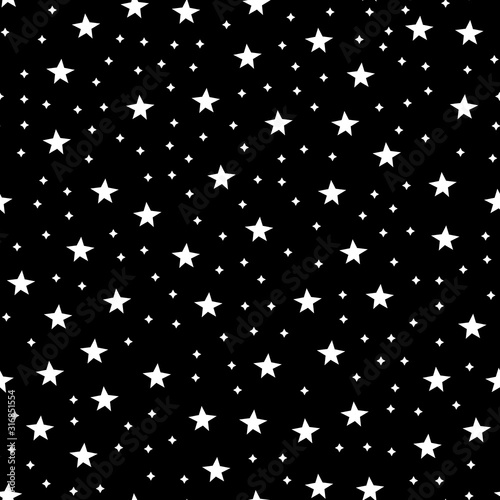 Seamless pattern with space graphic elements on dark background. Decorative starry backdrop