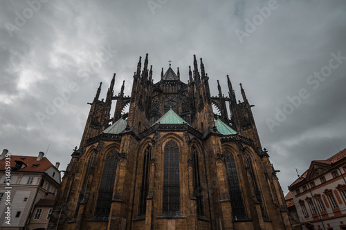St. Vitus Cathedral at Prague Castle during cloudy weather. 