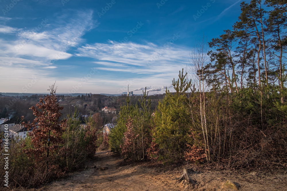 The view from Čertovy hlavy (The Devil's Heads), a pair of in situ rock sculptures near Želízy in the Central Bohemian Region of the Czech Republic, created by Václav Levý.