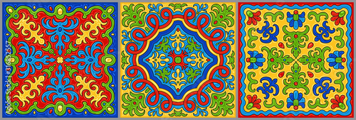 Set of bright colored mosaic tiles with hand drawn geometrical and floral ornaments in Talavera majolica ceramic style. Wallpaper décor, pop art batik print, Sicilia Mediterranean painting