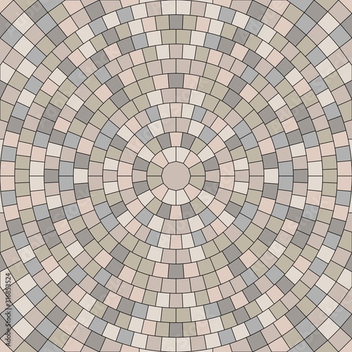 Seamless texture of round pavement. Repeating circle pattern of radial cobble stone background