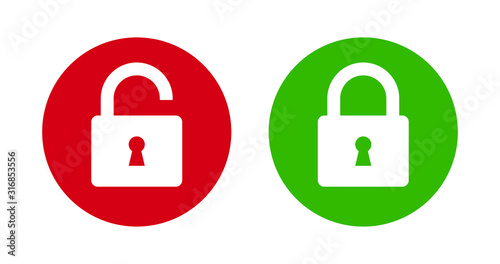 Padlock lock and unlock icon on green and red flat button photo