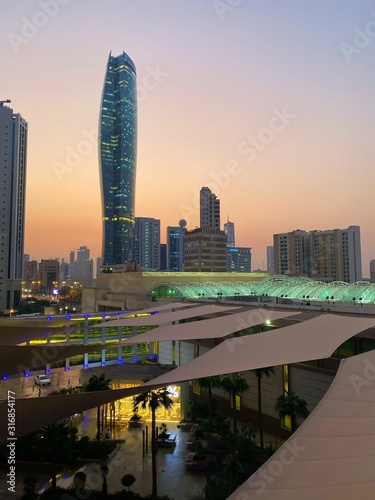 Kuwait city Sunset over Arraya center golden hour sunset view  of Hamra tower Middle East Gulf
