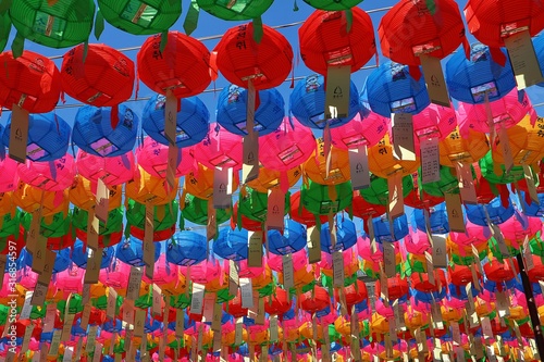 Seoul South Korea: Colorful temple lanterns in the sky symbol good luck for the new year                               