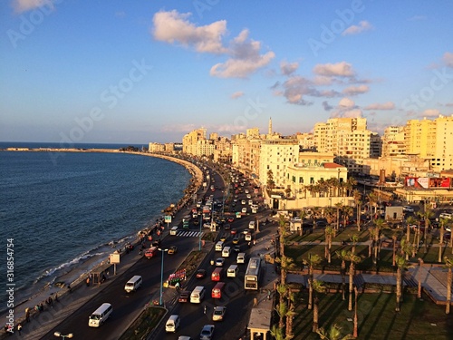 Alexandria Egypt panoramic aerial view of corniche seaside shore coastline traffic