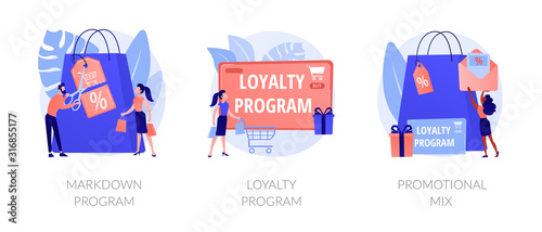 Shopping marketing campaign icons cartoon set. Store special offers advertisement. Markdown program, loyalty program, promotional mix metaphors. Vector isolated concept metaphor illustrations