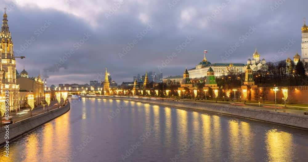 January 2020, Moscow Russia, Moscow river, evening time lapse, 4k, beautiful evening cityscape. January 2020, Moscow Russia, Moscow river, evening time lapse, 4k, beautiful evening cityscape.