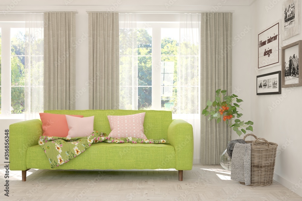 Stylish room in white color with sofa and summer landscape in window. Scandinavian interior design. 3D illustration Stylish room in white color with sofa and summer landscape in window. Scandinavian interior design. 3D illustration