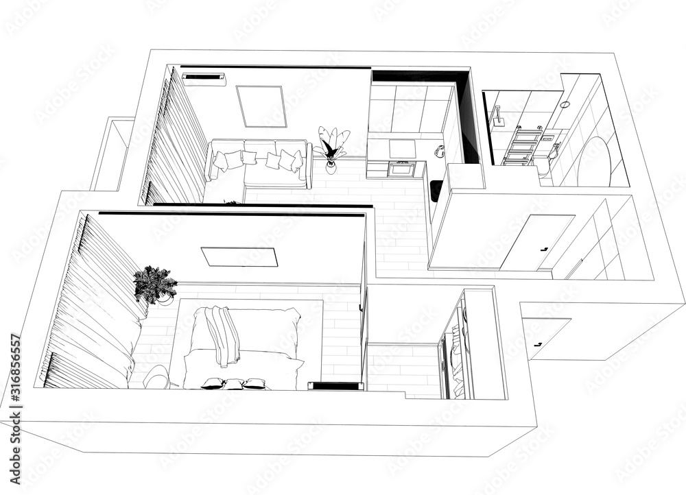 Fototapeta premium interior contour visualization, 3D illustration, sketch, outline