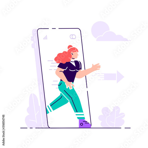 Young woman stepping out of huge phone