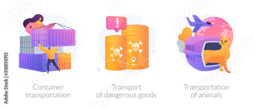 Freight distribution. Hazardous cargo shipment. Container transportation, transport of dangerous goods, transportation of animals metaphors. Vector isolated concept metaphor illustrations.