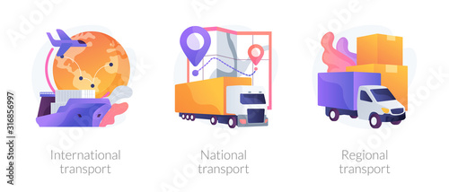Worldwide order delivery service. Cargo plane and truck shipment. International transport, national transport, regional transport metaphors. Vector isolated concept metaphor illustrations.