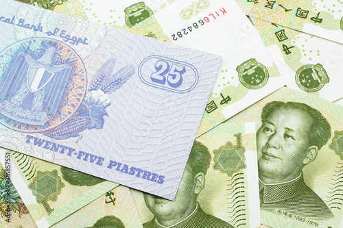 A close up image of an Egyptian twenty five pisatres note with Chinese one yuan bills in macro photo