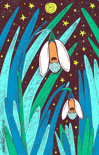 Snowdrop - floral illustration. colorful plant drawing. Graphic psychedelic multicolored line art. Vector artwork