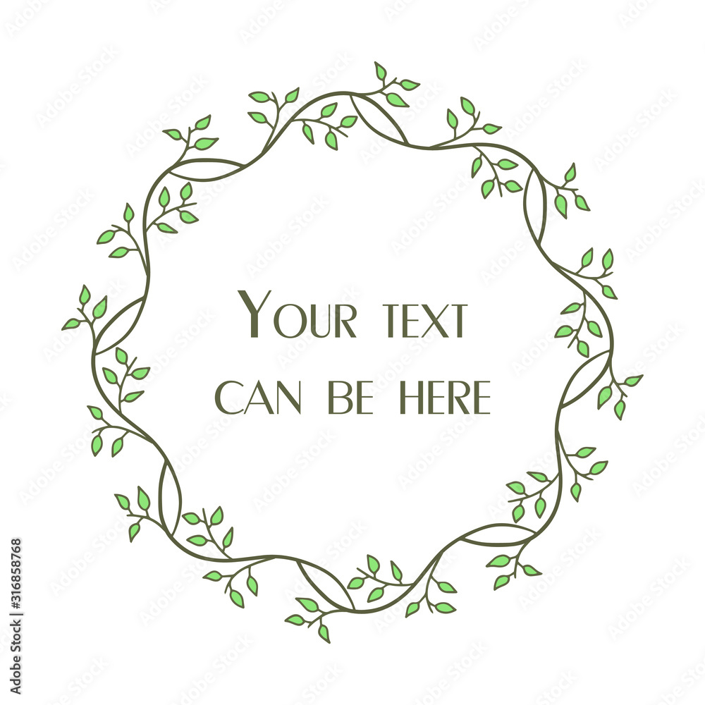 Floral circle frame. Design element for invitations, greeting cards, posters, blogs. Round frame with a place for text. Flowers, leaves, tree branches are arranged in a shape of a wreath.
