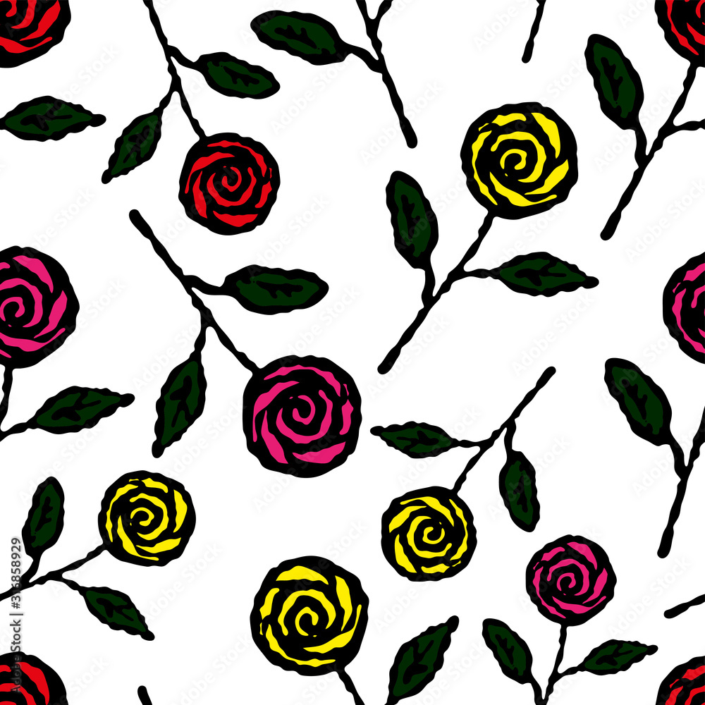 Colored roses flowers on a white background. Seamless pattern. Vector drawing. Texture.